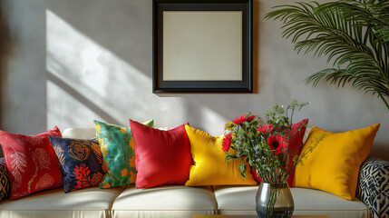 A stylish sofa setup adorned with bold, vibrant cushions and a vase of fresh flowers, radiating a cheerful and welcoming vibe.