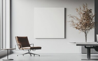 A creative 3D illustration of a contemporary office space with a blank canvas prominently displayed on a minimalist wall