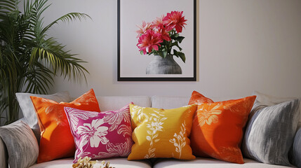 A stylish sofa setup adorned with bold, vibrant cushions and a vase of fresh flowers, radiating a cheerful and welcoming vibe.