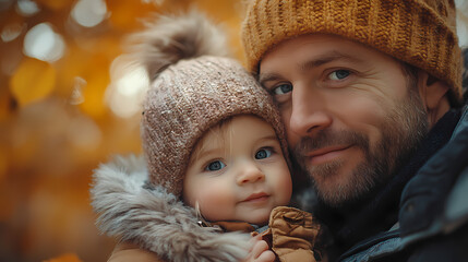 Obraz premium young father play with a little daughter in autumn park. Dad holding baby girl in hands. Happy family