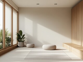 Fototapeta premium A serene and modern interior space featuring natural light, soft textures, and minimalist decor for relaxation and meditation.