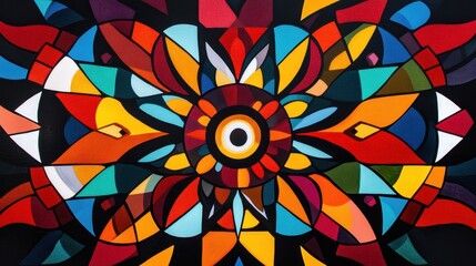 Batukham radiating joy and positivity, surrounded by an intricate abstract design of bold colors and geometric shapes.