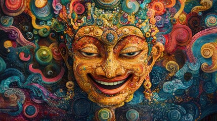 Batukham figure beaming with happiness, with a colorful and detailed abstract background of vibrant swirls and patterns.