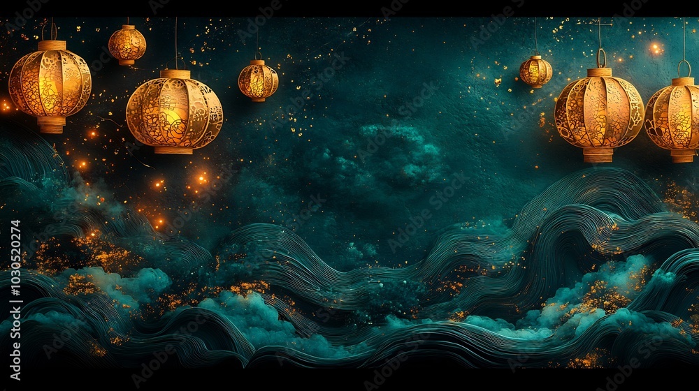 Poster captivating paper cut style design featuring multiple lanterns and swirling patterns in rich gold an