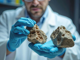 Scientist wearing blue gloves holding two meteorites in laboratory