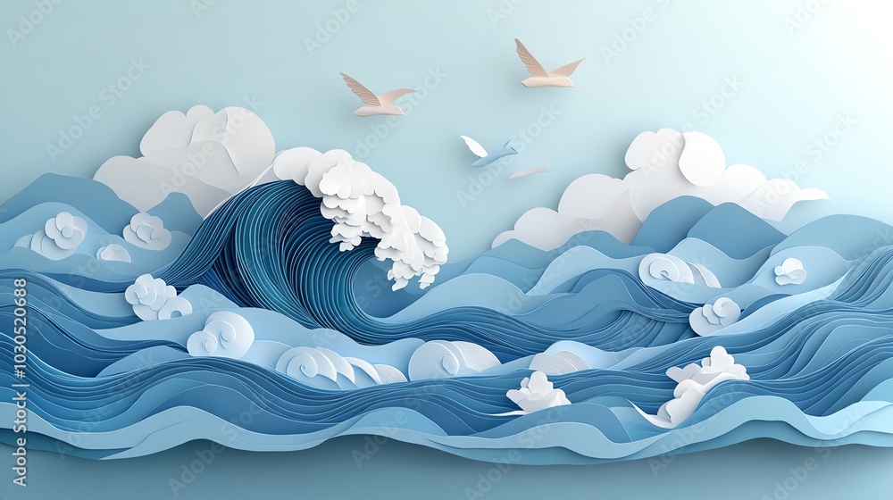 Poster clean paper cut wave pattern with soft, flowing curves, ideal for a minimalist oceaninspired design,