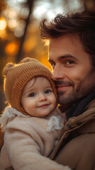 Obraz premium young father play with a little daughter in autumn park. Dad holding baby girl in hands. Happy family