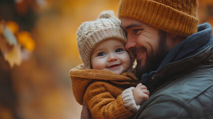 young father play with a little daughter in autumn park. Dad holding baby girl in hands. Happy family