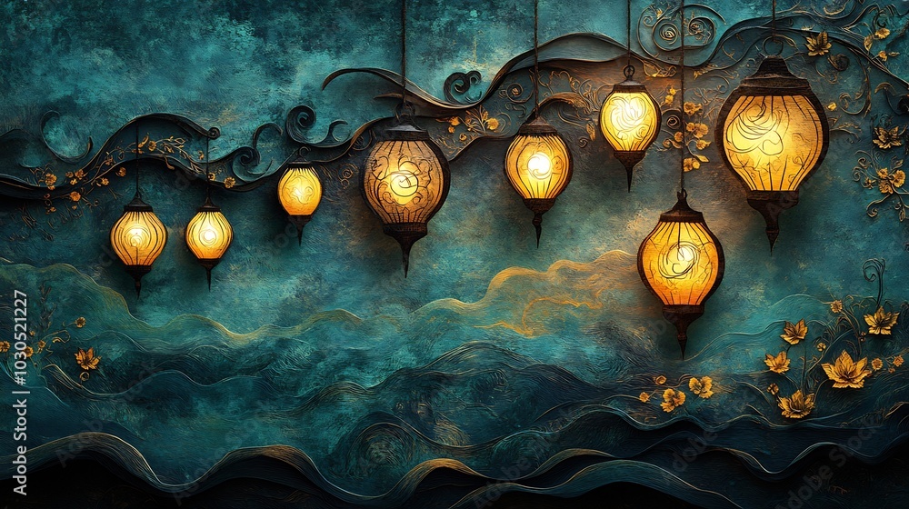 Poster captivating paper cut style design featuring multiple lanterns and swirling patterns in rich gold an