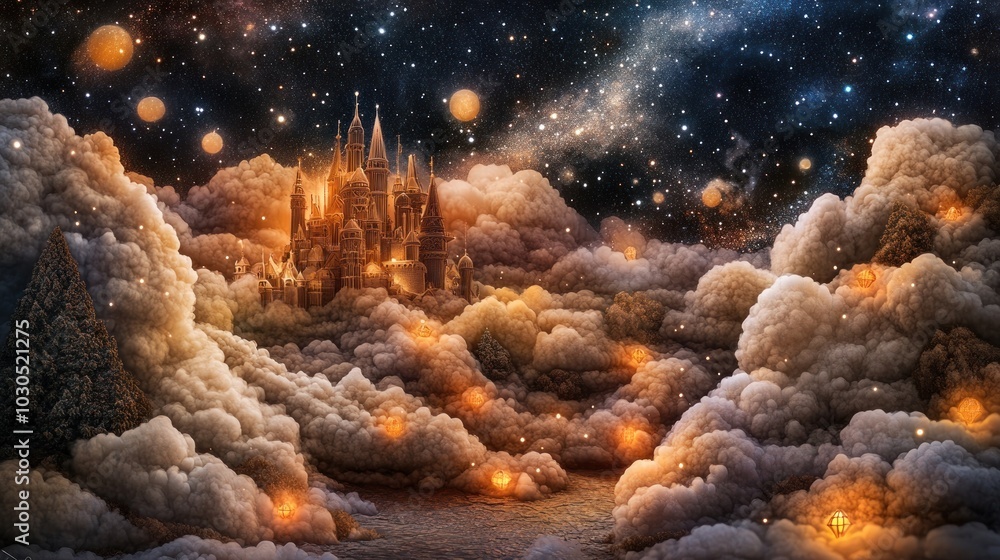 Canvas Prints A fantastical castle rises amidst glowing clouds and a starry night sky.