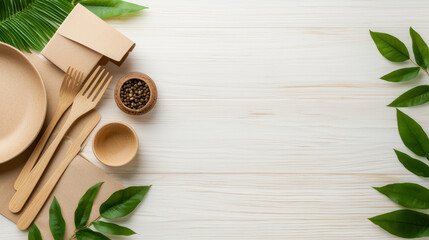 Eco friendly paper and wooden cutlery arranged on wooden surface, surrounded by green leaves, creating natural and sustainable dining atmosphere