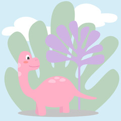 Cute vector pink dinosaur standing among big trees in pastel color tone on light blue background