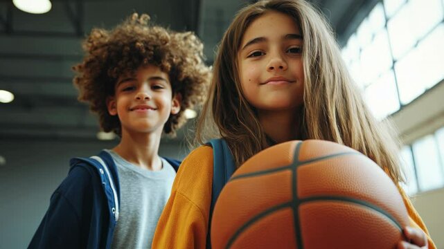 Diverse students in physical education class in middle school. Cinematic gym shot of young girl with long hair is smiling at the camera, holding a basketball. while young boy stands beside her,