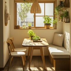 Fototapeta premium A cozy dining nook filled with plants and natural light, perfect for relaxation and meals.