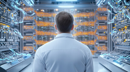 focused engineer observes complex machine learning system, surrounded by intricate circuitry and glowing data displays. environment reflects advanced technology and innovation