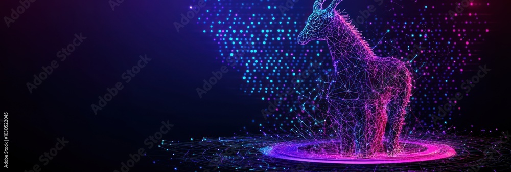 Poster a digital representation of a unicorn made of glowing particles in a vibrant setting.