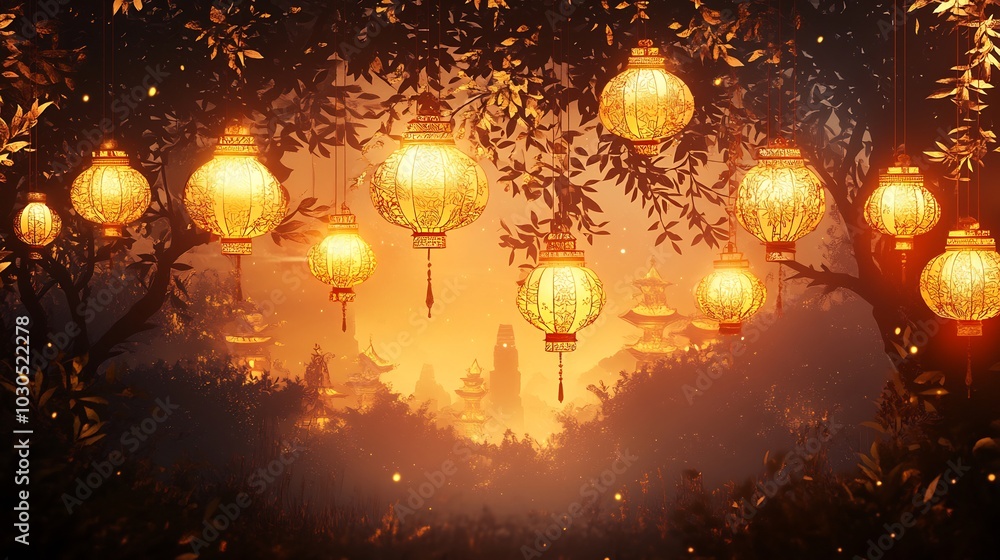 Aufkleber captivating paper cut style scene with hanging lanterns and intricate designs all rendered in warm g
