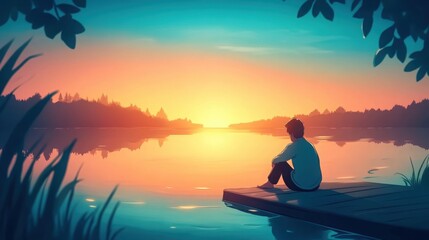 Reflecting serenity and mindfulness, a man sits at the lake's edge during sunrise, absorbing the beauty of the calm water and vibrant sky.