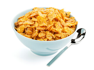 Bowl of corn flakes and spoon isolated on white background