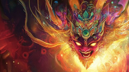 Obraz premium Cheerful Batukham with a glowing aura, amidst a striking abstract backdrop of swirling patterns and radiant colors.