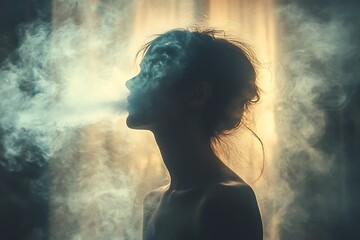 Fototapeta premium Silhouette of a woman surrounded by smoke in a mysterious atmosphere