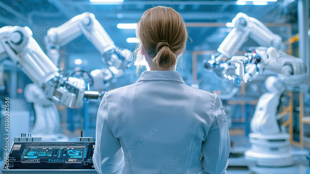 Poster factory automation specialist observes robotic arms in high tech environment, showcasing advanced te