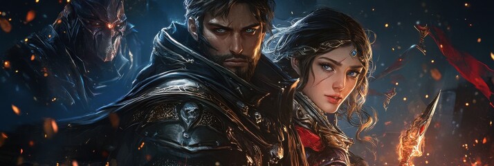 Obraz premium Epic Fantasy Scene: Heroic Characters in a Dramatic Battle Setting