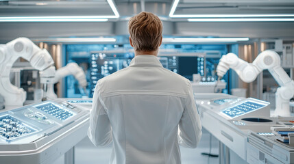 Obraz premium factory automation specialist observes advanced robotic systems in modern workspace, showcasing integration of technology and innovation