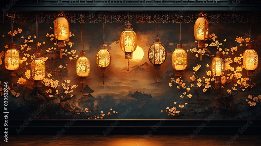 Aufkleber captivating paper cut style scene with hanging lanterns and intricate designs all rendered in warm g