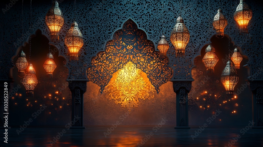 Poster captivating paper cut style scene with hanging lanterns and intricate designs all rendered in warm g