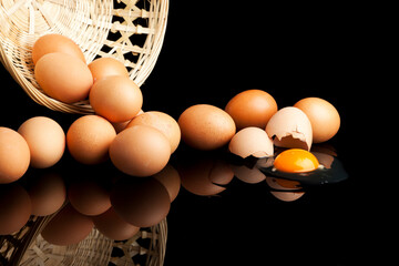 eggs falling from a basket, one egg is broken
