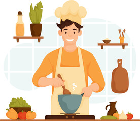 Illustration of a happy male chef stirring food in a pot, surrounded by kitchen tools, vegetables, and cooking ingredients.