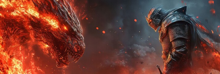 Obraz premium Epic Showdown Between Knight and Fire-Breathing Dragon in a Dark Fantasy Landscape