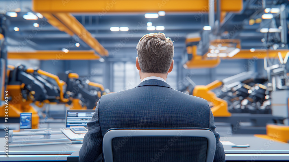 Poster professional overseeing industrial technology operations in modern facility, showcasing advanced rob
