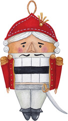 Watercolor hand drawn illustration of nutcracker, children toy for decoration , for Christmas tree. Winter holiday. isolated on white