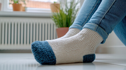 Cozy knitted socks in blue and cream color, paired with denim jeans, create warm and relaxed atmosphere in bright indoor setting