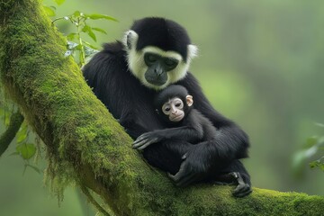 Obraz premium A mother monkey embraces her baby on a mossy branch in a lush, green forest.