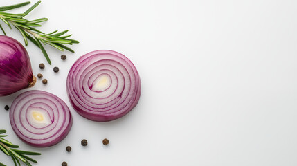 Sliced red onion rings with rosemary and black pepper create vibrant and fresh culinary scene. colors and textures evoke sense of flavor and creativity in cooking