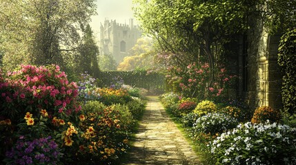 Serene Castle Garden with Blooming Flowers