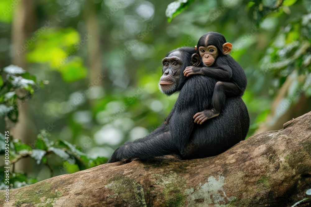 Canvas Prints A mother chimpanzee with her baby sitting on a tree branch in a lush green forest.