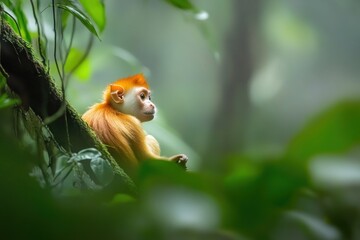 Fototapeta premium A serene monkey resting on a branch amidst lush greenery in a misty forest.