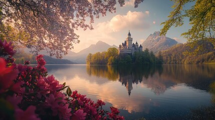 Serene Castle Reflected in Calm Lake at Sunset