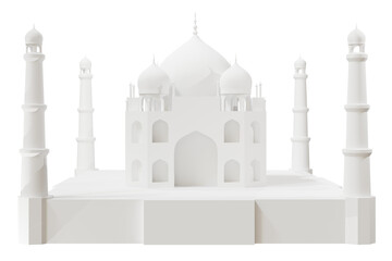 White plaster figurine of the Taj Mahal without background. Landmark of India. Mausoleum - a mosque from the city of Agra. 3D render.