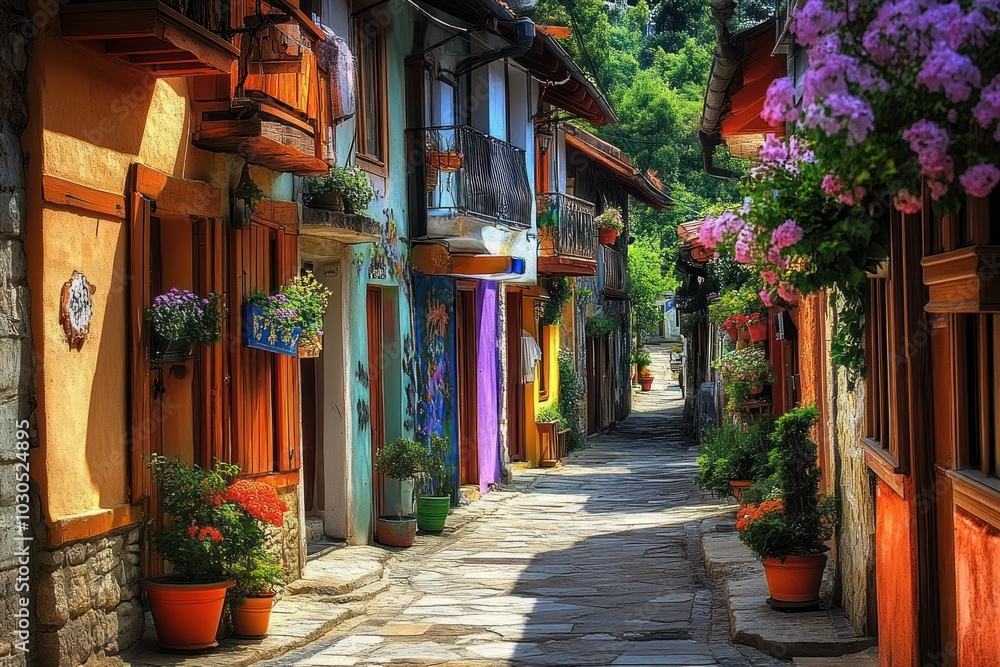 Wall mural A vibrant, flower-lined street showcasing colorful buildings and a charming atmosphere.