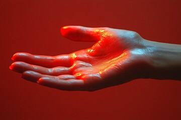 A hand illuminated by red light against a dark red background