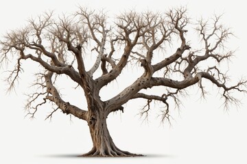 Fototapeta premium Detailed illustration of a leafless tree with intricate branches against a white background.