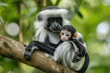 Obraz premium A mother monkey and her baby sit together on a branch in a lush green environment.