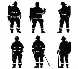 Firefighter silhouette set vector, Black silhouettes of young firefighter, Vector firefighter silhouettes set