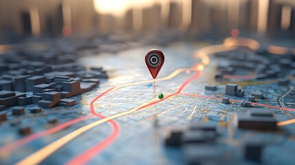 Digital GPS Location on Map with Route Path and Navigation Pin Concept