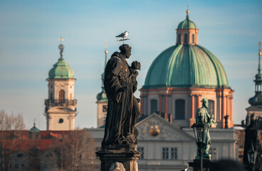 A seagull perched on a historic statue against the backdrop of Prague's iconic skyline on a sunny...